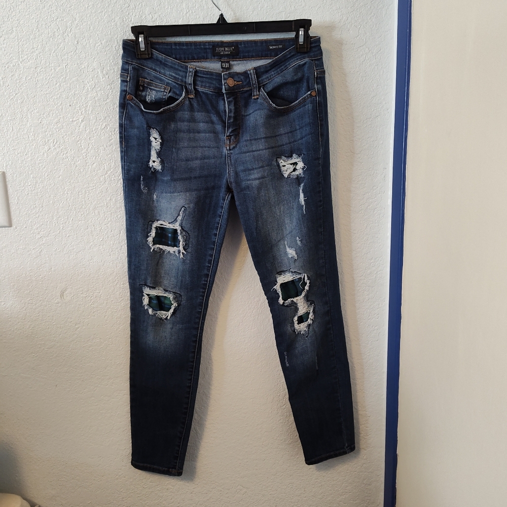 Judy Blue Blue & Green Plaid Patch Skinny Blue Jeans Size 13/31
